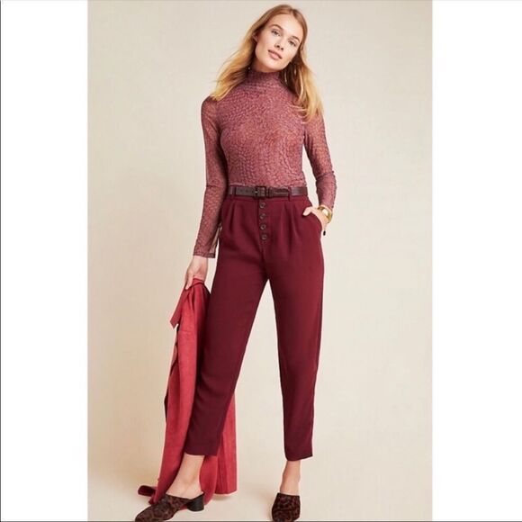 ANTHROPOLOGIE | Sasha Button Fly Tapered Leg Pants Burgundy Wine Women’s Size 2 - Picture 4 of 11